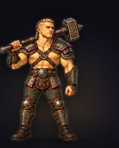 O Bárbaro, herói do MVP Legends SRD Tactics, com o martelo de guerra no ombro