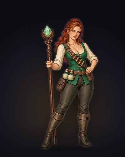 A Clériga, heroína do MVP Legends SRD Tactics, com o cajado de cristal verde