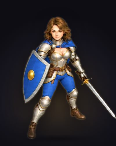 A Paladina, heroína do MVP Legends SRD Tactics, de armadura, escudo e espada