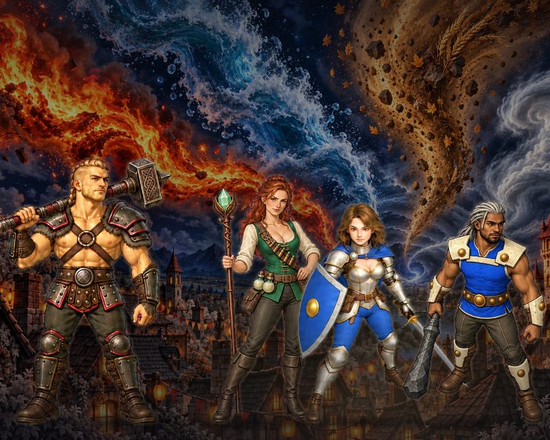 Os 4 heróis do MVP Legends SRD Tactics, o Bárbaro, a Clériga, a Paladina e o Mago, diante de um céu de fogo, água, terra e vento sobre a cidade à noite