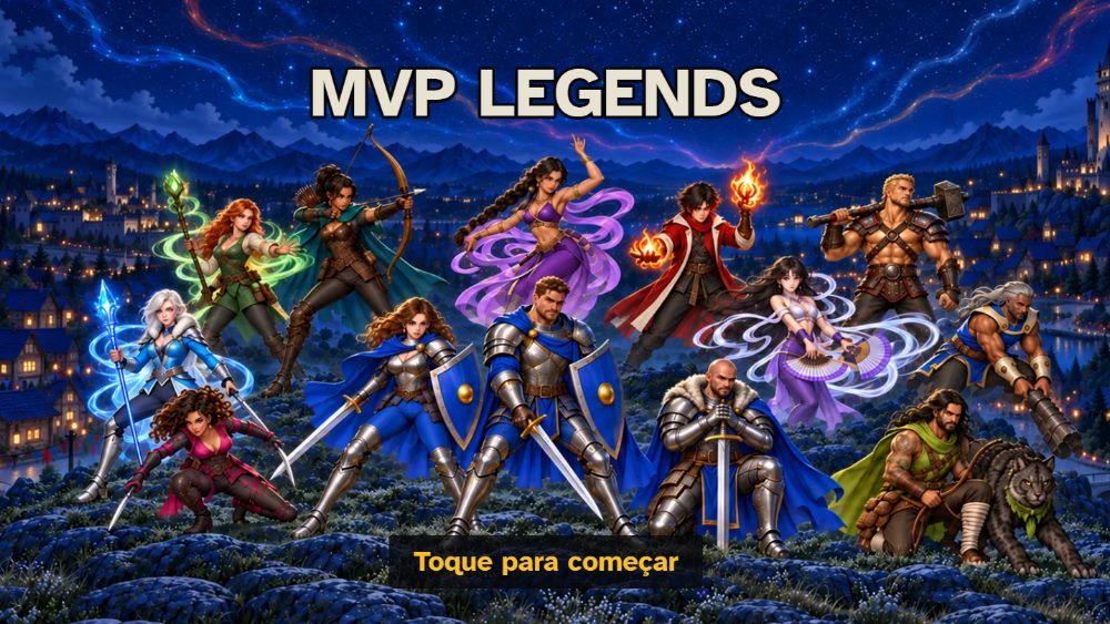 Tela inicial do MVP Legends, com o elenco de heróis sobre a cidade à noite