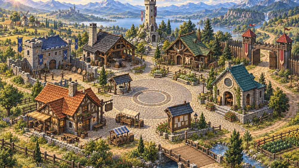 Pintura da cidade do MVP Legends, com a torre, as casas e a praça