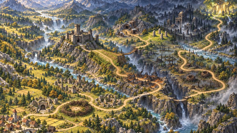Mapa da jornada do MVP Legends, com trilhas entre montanhas, rios e ruínas