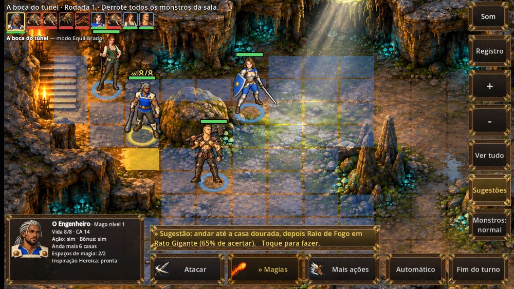 Batalha do MVP Legends SRD Tactics: os heróis numa caverna, com a grade de movimento à mostra
